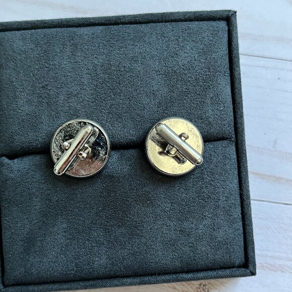 Men’s Round Wood Inlay Cufflinks Silver Tone Classic Formal - Picture 4 of 4